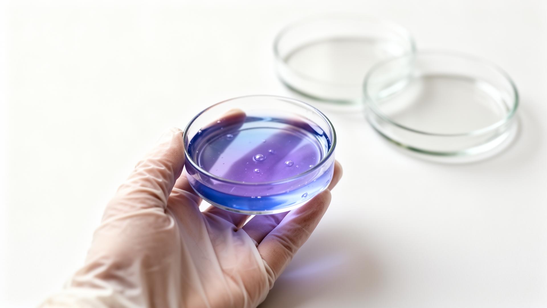 Gloved hand holding a petri dish with cosmetic serum